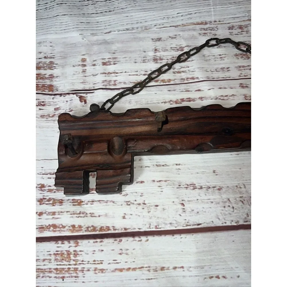 Rare‎ Vintage Hand Made Brown Wood Key Rack Wooden Primitive Chain Iron Hanging